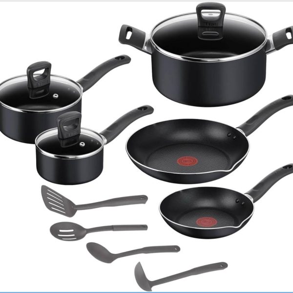 T-FAL Simply Cook Cookware 12-Piece Set, Black